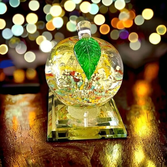 Handblown Apple Paperweight Art Glass Pedestal Multi Colored Bubbles TINY FLAW. - Picture 16 of 16